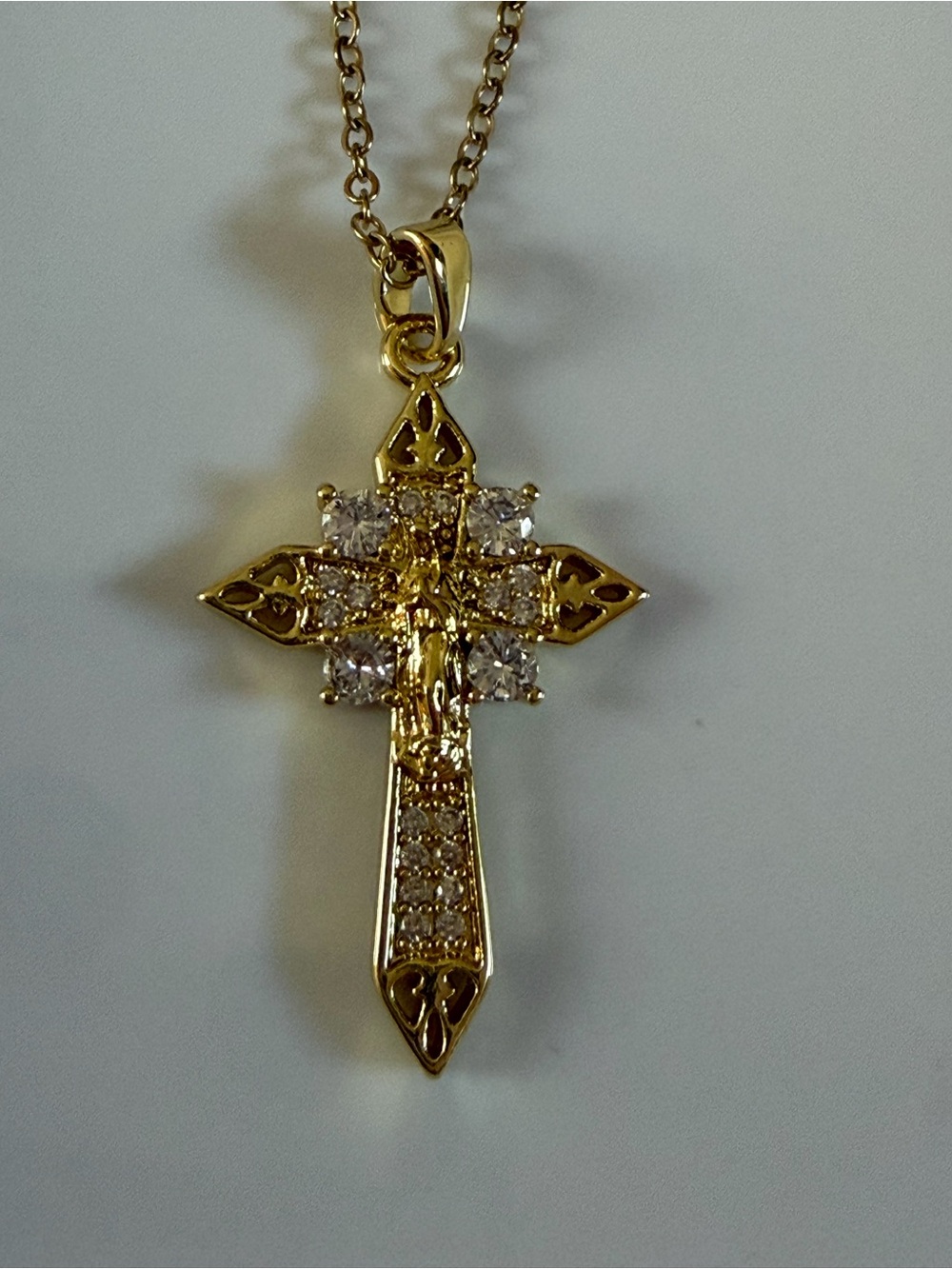 Gold Tone Cross Pendant Necklace with Clear Stones - Women Jewelry